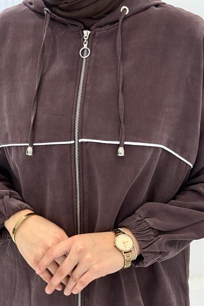 Tensel Kumaş Şerit Detaylı Kapüşonlu Takım Kahve OTW73060