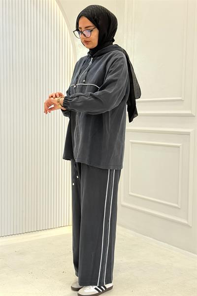 Tensel Kumaş Şerit Detaylı Kapüşonlu Takım Siyah OTW73060