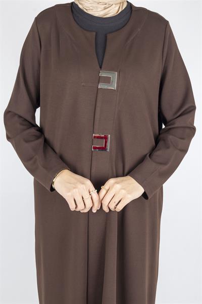 Toka Detaylı Çelik Örme Büyük Beden Elbise Kahve OTW7803