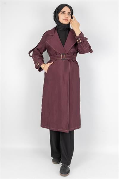 Tokalı Kemerli Şık Trenç Kap Bordo OTW4182