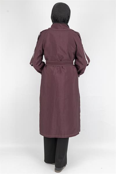 Tokalı Kemerli Şık Trenç Kap Bordo OTW4182