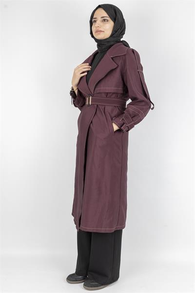 Tokalı Kemerli Şık Trenç Kap Bordo OTW4182