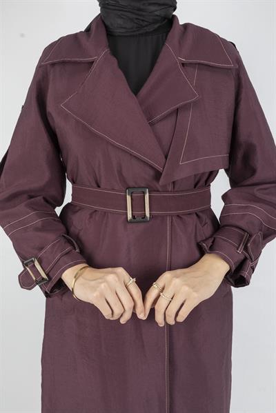 Tokalı Kemerli Şık Trenç Kap Bordo OTW4182