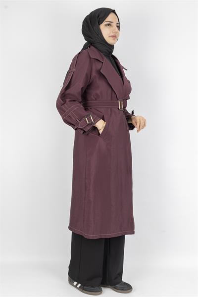 Tokalı Kemerli Şık Trenç Kap Bordo OTW4182