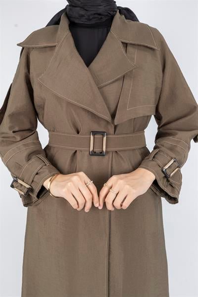 Tokalı Kemerli Şık Trenç Kap Haki OTW4182