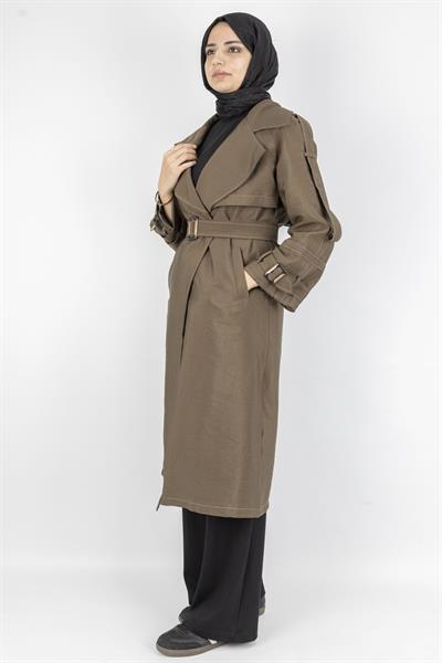 Tokalı Kemerli Şık Trenç Kap Haki OTW4182