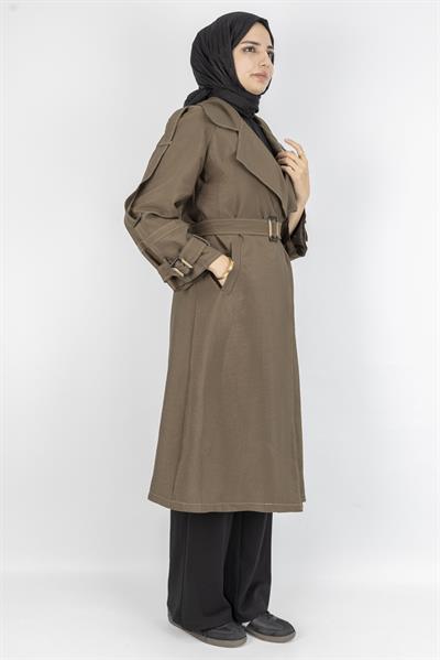 Tokalı Kemerli Şık Trenç Kap Haki OTW4182