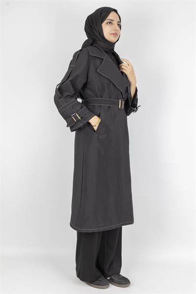 Tokalı Kemerli Şık Trenç Kap Siyah OTW4182