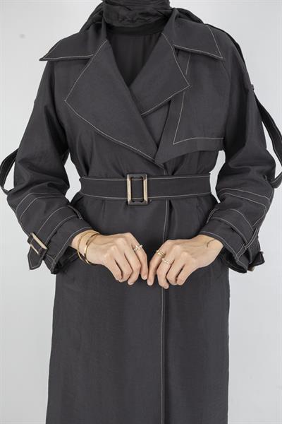 Tokalı Kemerli Şık Trenç Kap Siyah OTW4182