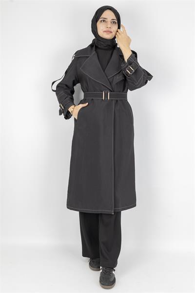 Tokalı Kemerli Şık Trenç Kap Siyah OTW4182