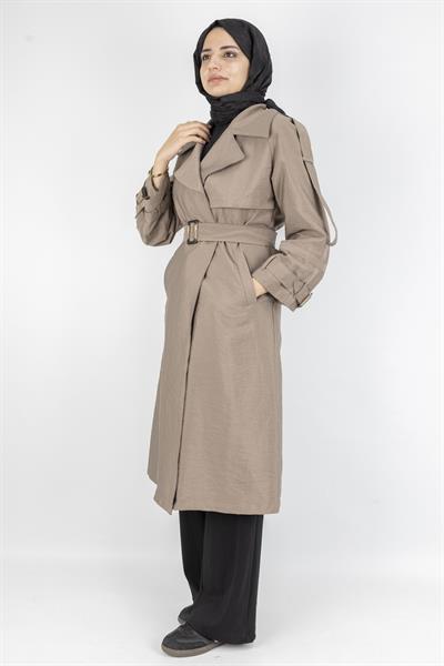 Tokalı Kemerli Şık Trenç Kap Vizon OTW4182