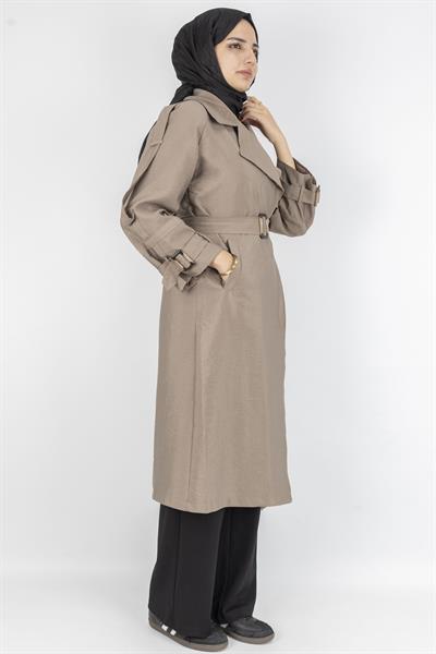 Tokalı Kemerli Şık Trenç Kap Vizon OTW4182