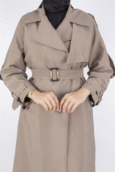 Tokalı Kemerli Şık Trenç Kap Vizon OTW4182