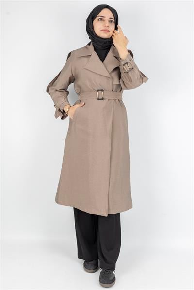 Tokalı Kemerli Şık Trenç Kap Vizon OTW4182