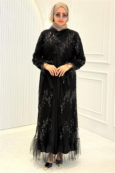 Tül Detaylı Payetli Abaya Takım Siyah OTW2623
