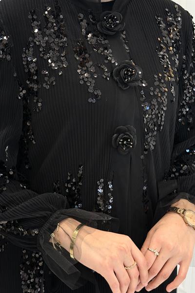 Tül Detaylı Payetli Abaya Takım Siyah OTW2623