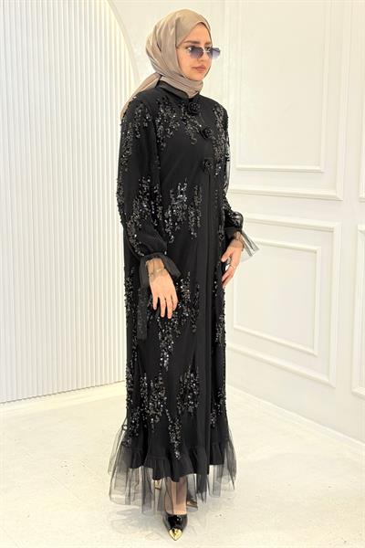Tül Detaylı Payetli Abaya Takım Siyah OTW2623