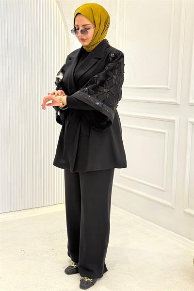 Tül Kol Detaylı Blazer Üçlü Tesettür Takım Siyah OTW46802