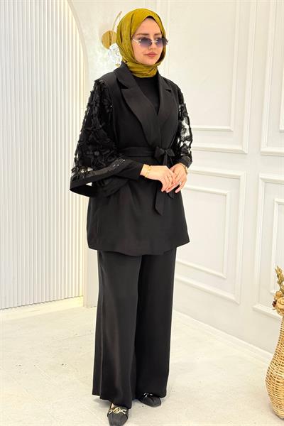 Tül Kol Detaylı Blazer Üçlü Tesettür Takım Siyah OTW46802