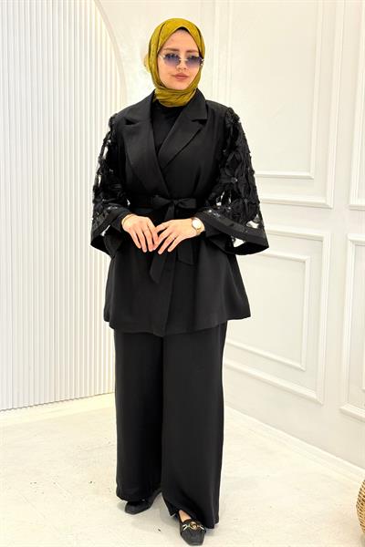 Tül Kol Detaylı Blazer Üçlü Tesettür Takım Siyah OTW46802