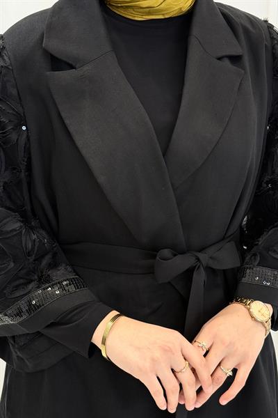 Tül Kol Detaylı Blazer Üçlü Tesettür Takım Siyah OTW46802