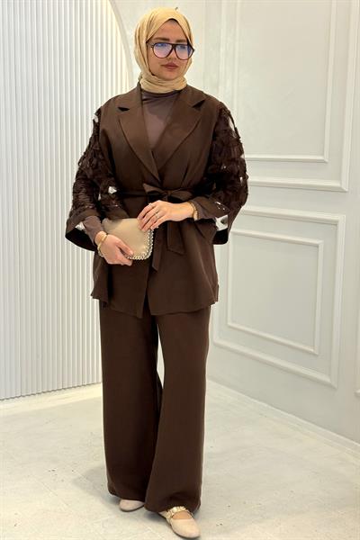 Tül Kol Detaylı Blazer Üçlü Tesettür Takım Kahve OTW46802