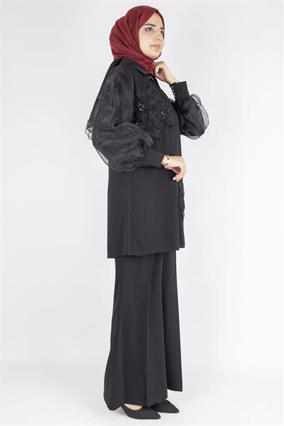 Tül Kollu Çiçek İşlemeli Tesettür Pantolonlu Takım Siyah OTW2561