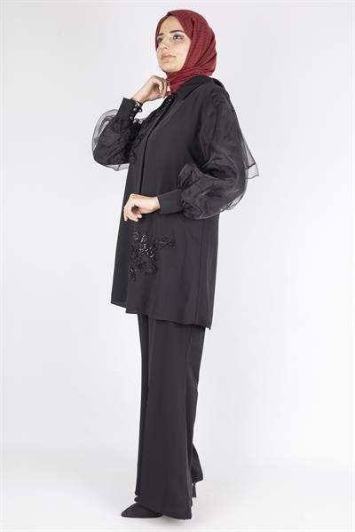 Tül Kollu Çiçek İşlemeli Tesettür Pantolonlu Takım Siyah OTW2561