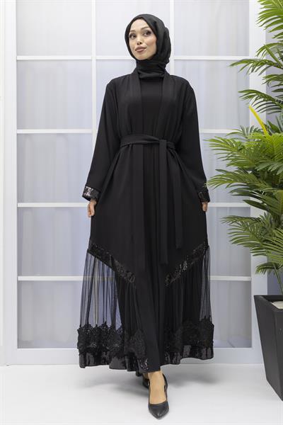 TÜL VE PUL DETAYLI ABAYA Siyah OTW8011