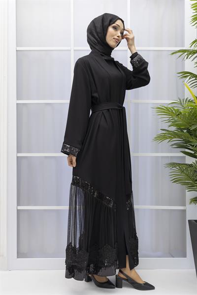 TÜL VE PUL DETAYLI ABAYA Siyah OTW8011