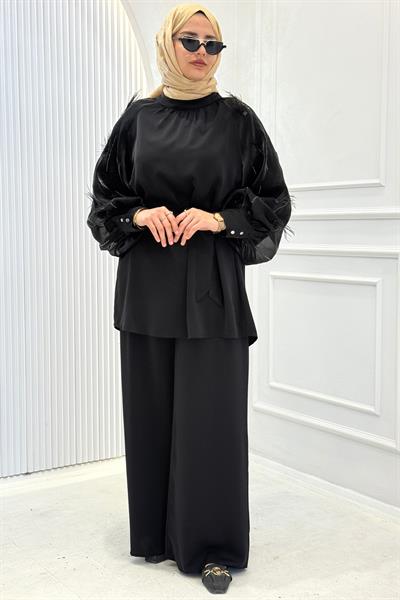 Tüy Detaylı Şık Tesettür Takım Siyah OTW8613