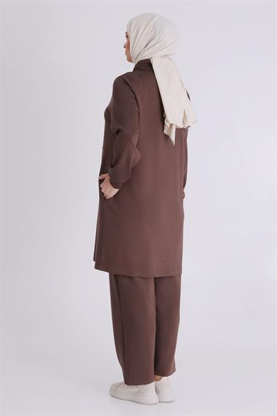 Üçgen Taş İşlemeli Tesettür Takım Kahve OTW3549