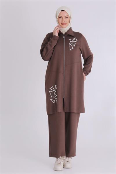 Üçgen Taş İşlemeli Tesettür Takım Kahve OTW3549
