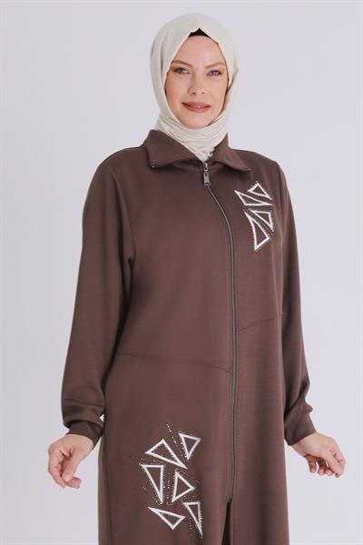 Üçgen Taş İşlemeli Tesettür Takım Kahve OTW3549