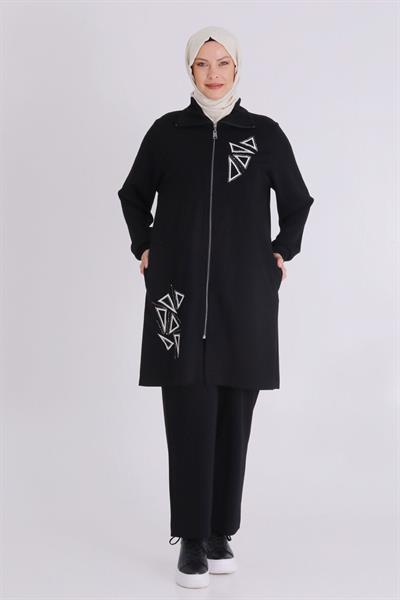 Üçgen Taş İşlemeli Tesettür Takım Siyah OTW3549