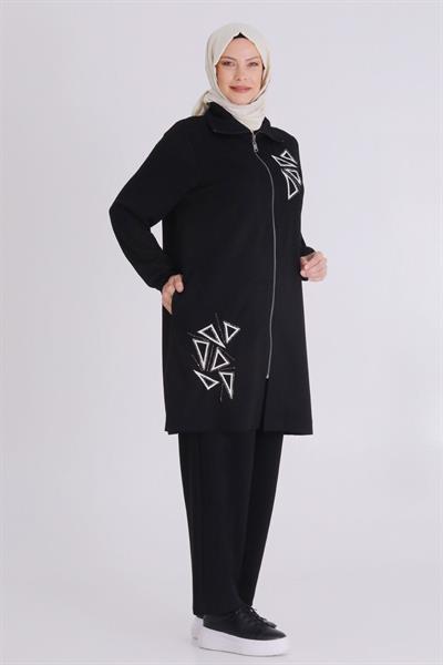 Üçgen Taş İşlemeli Tesettür Takım Siyah OTW3549
