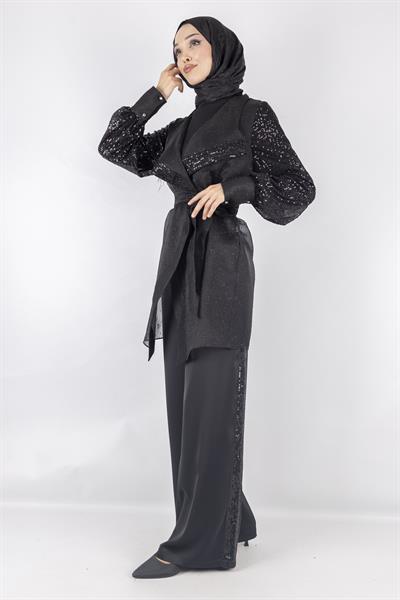 Üçlü Abiye Takım Pantolonlu Takım Siyah OTW405344