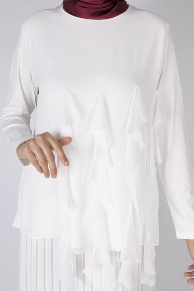 Üçlü Fırfırlı Penye Tunik Ekru OTW578