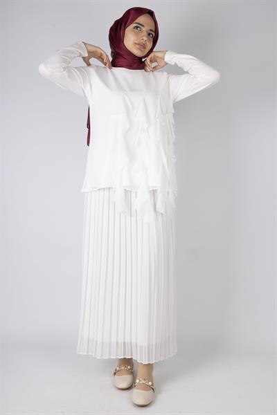 Üçlü Fırfırlı Penye Tunik Ekru OTW578