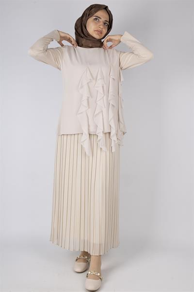 Üçlü Fırfırlı Penye Tunik Krem OTW578