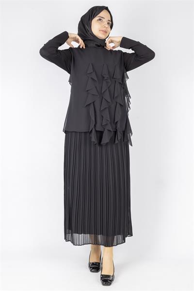 Üçlü Fırfırlı Penye Tunik Siyah OTW578