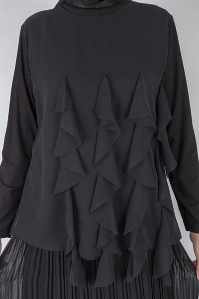 Üçlü Fırfırlı Penye Tunik Siyah OTW578