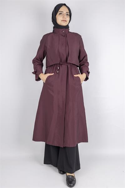 Üst Kapak Detaylı Kuşaklı Trençkot Bordo OTW4176