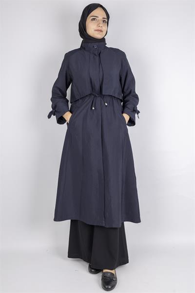 Üst Kapak Detaylı Kuşaklı Trençkot Lacivert OTW4176