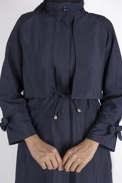 Üst Kapak Detaylı Kuşaklı Trençkot Lacivert OTW4176