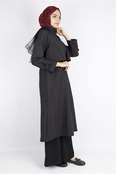 Üst Kapak Detaylı Kuşaklı Trençkot Siyah OTW4176
