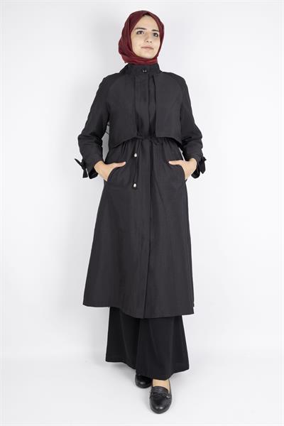 Üst Kapak Detaylı Kuşaklı Trençkot Siyah OTW4176