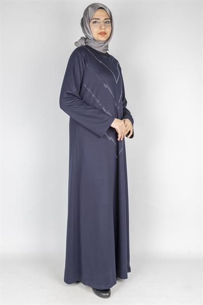 V Desen Taş İşlemeli Büyük Beden Penye Elbise Lacivert OTW2204