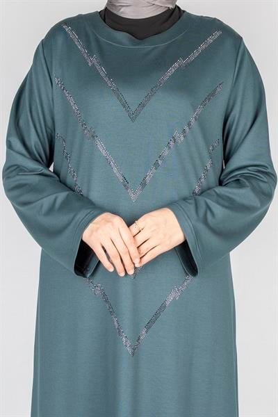 V Desen Taş İşlemeli Büyük Beden Penye Elbise Petrol OTW2204