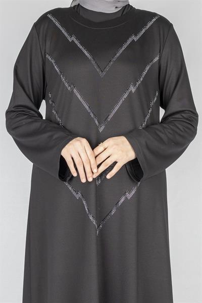 V Desen Taş İşlemeli Büyük Beden Penye Elbise Siyah OTW2204